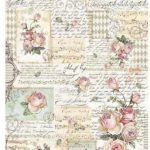 Papel de Arroz Stamperia A3 Decoupage -rosas e manuscritos
